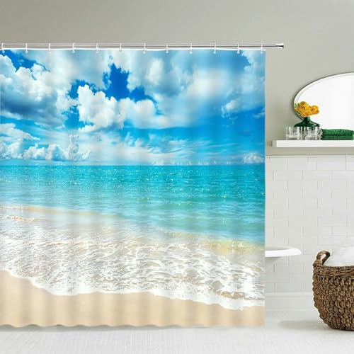 KEPPD Strand Meer Duschvorhänge Extra lang,Landschaft wasserdichte 3D-Badezimmervorhänge mit Haken Heimdekoration waschbare Badewannenabtrennung - XXL 100 x 180 cm (39 x 71 Zoll) Duschvorhang von KEPPD