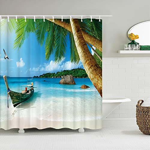 KEPPD Strand Meer Palme Blätter Duschvorhänge Boot Ozean Natürliche Landschaft wasserdichte Badvorhänge mit 12 Haken Wohnkultur Badtrennwand 110X220cm Duschvorhang von KEPPD