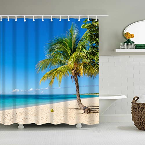 KEPPD Strand Meerblick Kokosnuss Palme Duschvorhang Natürliche Ansicht Badezimmer Dekor Extra Lang wasserdichte Badewanne Trennwand Waschbar 200X200cm Duschvorhang von KEPPD