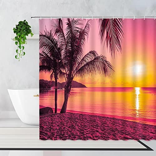 KEPPD Strand-Sonnenuntergang-Ansicht Duschvorhang, extra Langer natürlicher Landschafts-Badewannen-Dekor-Duschvorhang, Dicker Polyester-Vorhang mit 12 Haken, 135 x 200 cm Duschvorhang von KEPPD