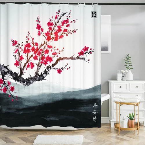 KEPPD Tuschemalerei Landschaft Blume Duschvorhänge Badvorhang im chinesischen Stil mit 12 Haken Wasserdichter Badezimmervorhang aus Polyester-XXL 300 x 180 cm (118 x 71 Zoll) Duschvorhang von KEPPD