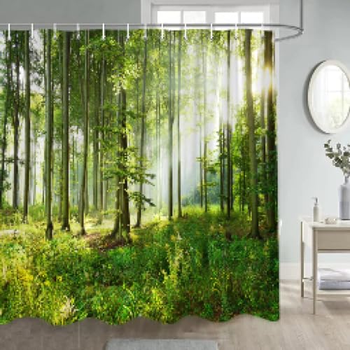 KEPPD Wald-Duschvorhänge, extra lang, Sonnenschein, grüne Bäume, Pflanzen, Natur, Landschaft, Dicker Polyester-Badezimmervorhang, Dekor mit 12 Haken, 300 x 200 cm (118 x 79 Zoll), Duschvorhang von KEPPD