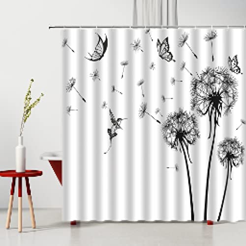 Moderner Blumen-Löwenzahn-Duschvorhang, Schwarz-Weiß, minimalistisch, Badezimmer, Küche, extra lang, wasserdicht, Dicker Vorhang, Wohnkultur, 180 x 203 cm, Duschvorhang von KEPPD