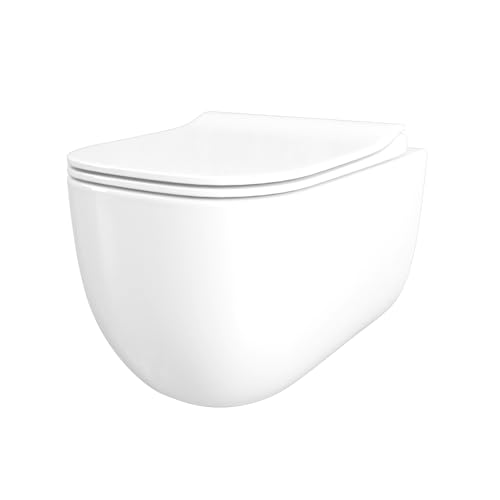 Kerabad Hänge WC – Toilette mit leiser Absenkautomatik – mit WC-Sitz aus stabilem Duroplast – Langlebig & Flexibel – mit spülrandloser Bauart – DIN-Genormte Anschlüsse – 51×35×36 cm – Weiß von KERABAD