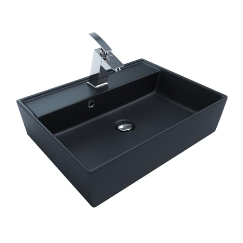 Design Waschtisch 50x38cm Schwarz Matt Waschbecken Aufsatzwaschbecken Keramikwaschbecken Waschplatz mit Armaturenloch und Überlauf von KERABAD