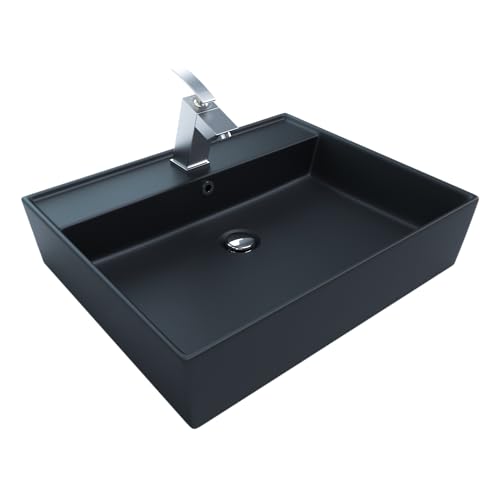 Design Waschtisch 55x45cm Schwarz Matt Waschbecken Aufsatzwaschbecken Keramikwaschbecken Waschplatz mit Armaturenloch und Überlauf von KERABAD