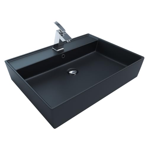 Design Waschtisch 60x45cm Schwarz Matt Waschbecken Aufsatzwaschbecken Keramikwaschbecken Waschplatz mit Armaturenloch und Überlauf von KERABAD