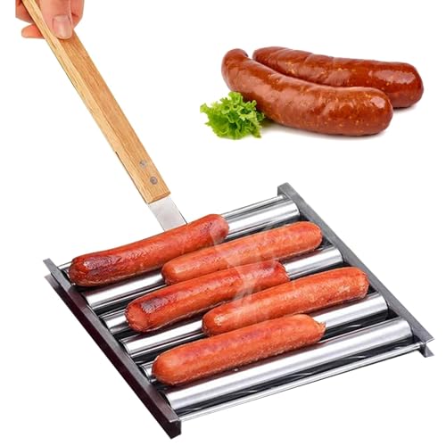 Hot Dog Roller, Hot Dog Roller Grill aus Edelstahl zum Grillen, BBQ-Wurstroller mit abnehmbarem langen Holzgriff, Grillzubehör für gleichmäßig gegarte Hot Dogs von KERALI