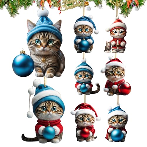 Niedliche Katzen-Weihnachtsdekoration, 8 Stück Katzen-Weihnachtsbaumschmuck, weihnachtliche Katzen-Auto-Hängeornamente, kreative bunte Kätzchen-Ornamente für Weihnachtsbaum, Heimdekoration und Fenster von KERALI