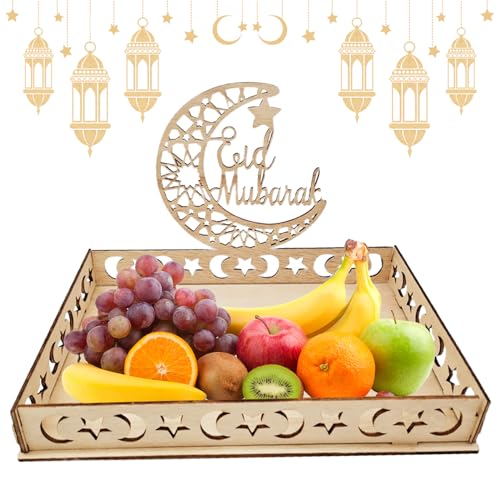 KERANEET Ramadan Serviertablett Holz Mond Stern Schloss Servierbrett Teller Dekorieren Tablett für Blühend Frühstück Abendessen (Licht Mond Sterne) von KERANEET