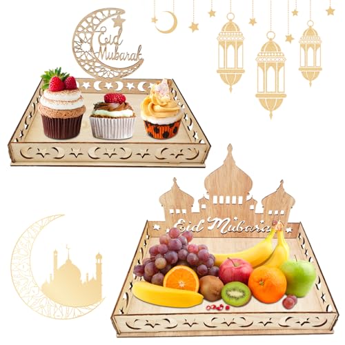 KERANEET Ramadan Tablett Holz Serviertablett Teller Mond Servierbrett Ramadan Dekorieren Tablett Ramadan Tabletten Mond Stern Serviertablett für Blühend Frühstück Abendessen (Mondsterne + Schloss) von KERANEET