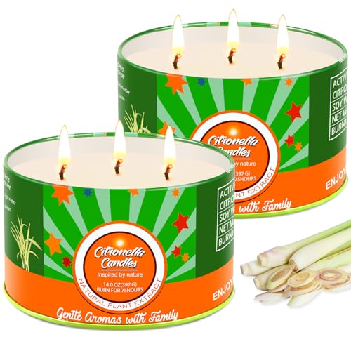 Citronella Kerzen Outdoor Groß, 2x14oz Citronella Kerze Draußen, Natürlichem Sojawachs Zitronella Kerzen Garten mit 3 Docht, 150Std Brenndauer, Outdoor Kerze Set für Camping,Grillen,Terrasse,Picknick von KERCAMKEL