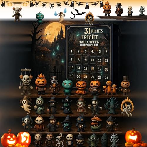 31 Nights of Fright - Halloween Countdown Box mit Figuren 2025 - Einzigartige Gruselpuppen Adventskalender, Horror-Sammelstücke, Mini-Dekorationen & Überraschungs-Halloween-Geschenke (31 Tage) von KERCAN