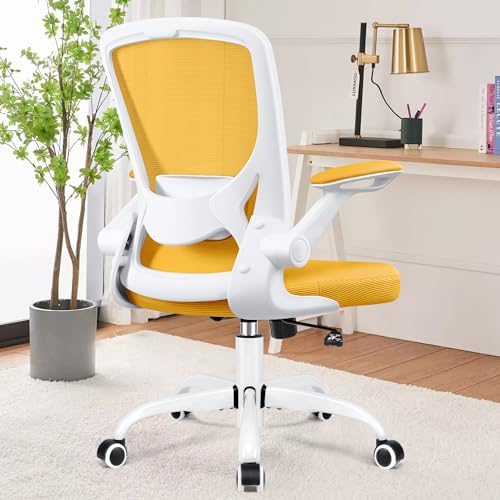 KERDOM Bürostuhl, Ergonomischer Schreibtischstuhl mit Klappbaren Armlehnen, 360° Drehstuhl Mesh Computerstuhl 9060 Gelb von KERDOM