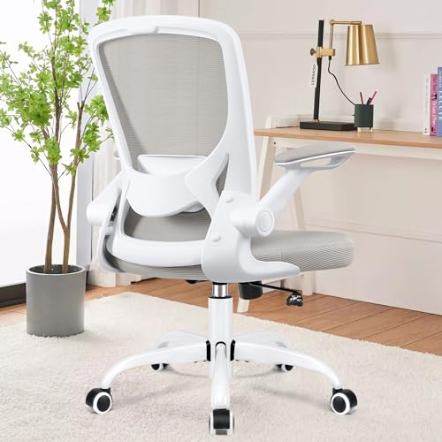 KERDOM Bürostuhl, Ergonomischer Schreibtischstuhl mit Klappbaren Armlehnen, 360° Drehstuhl Mesh Computerstuhl 9060 Hellgrau von KERDOM