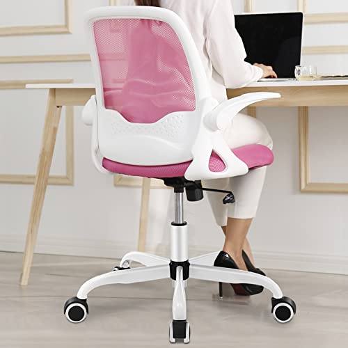 KERDOM Bürostuhl, Ergonomischer Schreibtischstuhl mit klappbarer Armlehnen, Mesh Computerstuhl Arbeitsstuhl Leichter Stuhl, 360° Drehstuhl 933 Rosa von KERDOM