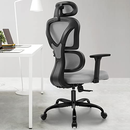 KERDOM Bürostuhl Ergonomischer Schreibtischstuhl,mit Verstellbarer Kopfstütze, Armlehnen, Lendenwirbelstütze, gegen Rückenschmerzen Bürostuhl 150kg/330LB Belastbar(grau) von KERDOM