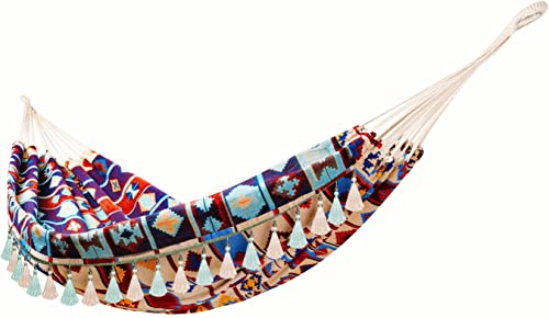 Hängematte Outdoor Hängematten Jacquard Retro Stoff Hängematte mit Quaste Makramee Boho Leinwand Hängemaette Bett für Schlafzimmer Terrasse Garten Hinterhof von KEREITH