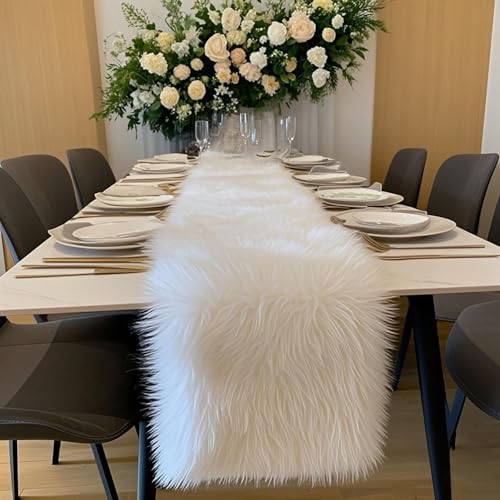 Kunstfell Fell Tischläufer Weihnachten Weiß Modern Deko Oster Tischläufer Perfekt für Weihnachten ,Hochzeit Home Esstisch, Schminktisch, Couchtisch (30 x 230cm) von KERTFGOKU