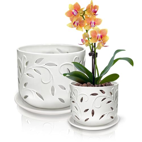 KERUITA Orchideentöpfe mit Löchern, 15,2 cm + 12,7 cm, Keramik-Pflanzgefäße, 2 Stück, mit 2 Bodenschalen, verbesserte Entwässerung und Belüftung, weiße Blumentöpfe für Innen- und Außenpflanzen zum von KERUITA