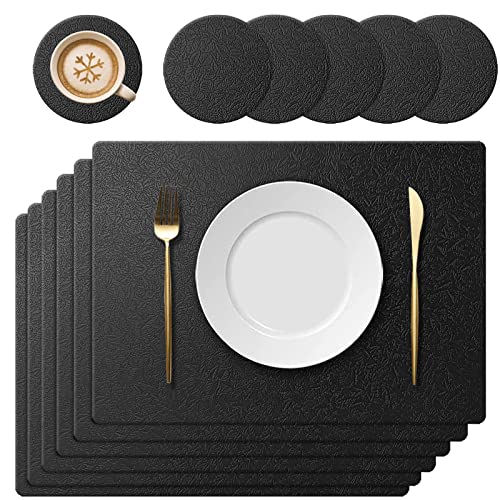 KERYCHIN 6 Platzdeckchen aus Silikon und 6 rutschfest Tischuntersetzer mit Blattmuster, Hitzebeständig 230°C, Wasserdicht Platzset für Küche, Zuhause, Restaurant, Speisetisch, 40x30cm, Schwarz von KERYCHIN