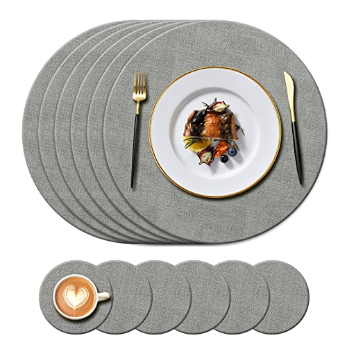 KERYCHIN 6 runde Leder-Tischsets (34 cm) und 6 Untersetzer (10 cm) Set, hitzebeständige 100 °C Tischsets, rutschfest und waschbar, Tischsets für Küche, Hotel, Restaurant, Glas, Esstisch (Grau) von KERYCHIN