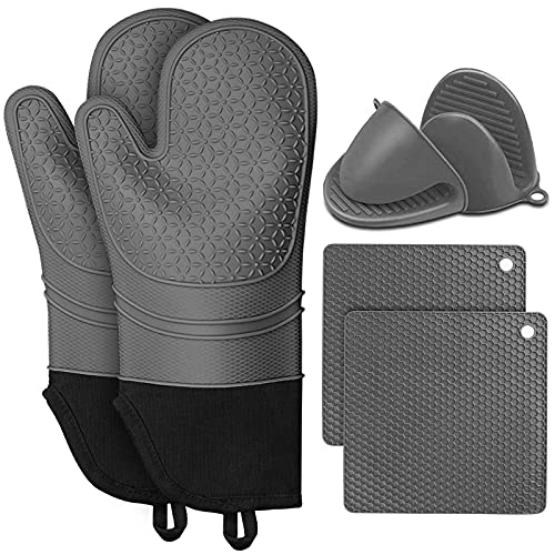 KERYCHIN Ofenhandschuhe aus Silikon und Mini Topfhandschuhe mit Untersetzer Set, rutschfest, Hitzebeständig 260 °C, Leicht zu Reinigen, Backhandschuhe für Mikrowelle, Backofen, Grill, 36,5 cm, Grau von KERYCHIN