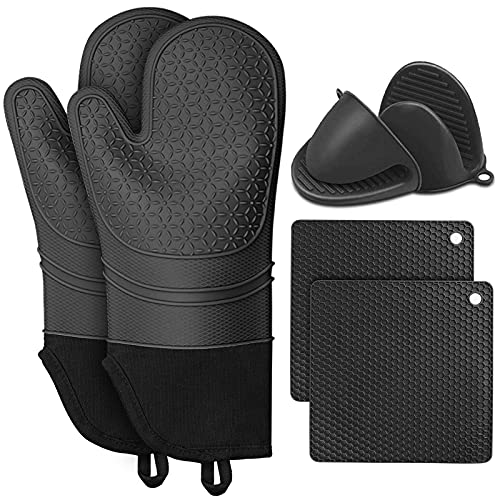 KERYCHIN Ofenhandschuhe aus Silikon + Mini Topfhandschuhe + Topflappen Set, Handschuh Hitzebestaendig 260°C, Einfach zu Reinigen, Backhandschuhe für Küche, Backofen, Mikrowelle, 36.5 cm Lang, Schwarz von KERYCHIN