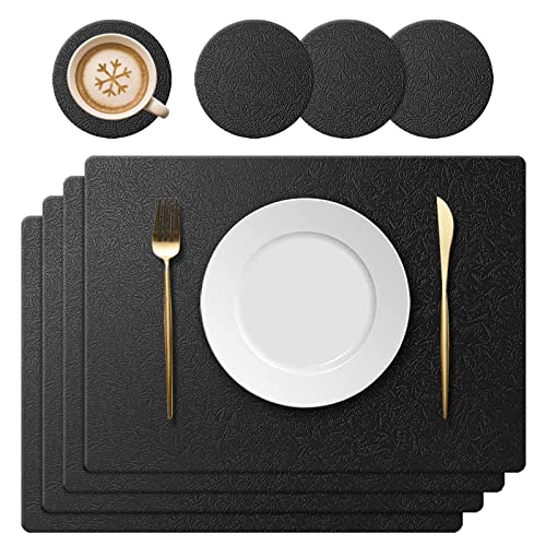 KERYCHIN Platzset aus Silikon und Rund Untersetzer Set, mit Blattmuster, Hitzebeständig 230°C, rutschfest, Abwaschbar Tischset für Küche, Zuhause, Restaurant, Speisetisch, 40x30cm, 8 Stück, Schwarz von KERYCHIN