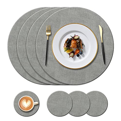 KERYCHIN Runde Leder-Tischsets (34 cm) und Untersetzer (10 cm), 4er-Set, hitzebeständig, 222 °F, rutschfest, waschbar, PU-Tischsets für Zuhause, Hotel, Küche, Innen, Außen, Glas-Esstisch, (Grau) von KERYCHIN