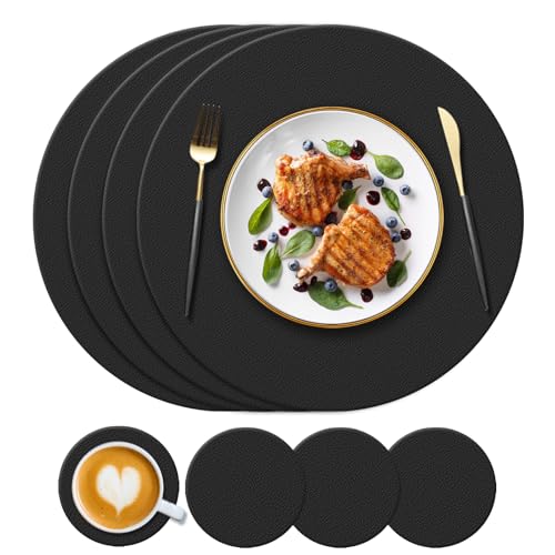 KERYCHIN Runde Silikon-Tischsets (34 cm) und Untersetzer (10 cm), hitzebeständig, 230 °C, rutschfest und waschbar, Tischmatten für Restaurant, Hotel, Küche, Glas, Esstisch, Schwarz, 4 Stück von KERYCHIN