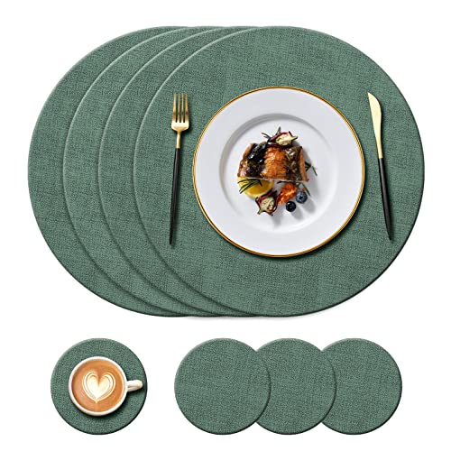 KERYCHIN Runde waschbare Leder-Tischsets (34 cm) und Untersetzer (10 cm), Set, hitzebeständig, 100 °C, rutschfest und wasserdicht, leicht zu reinigen, für Restaurant, Küche, Hotel, 8 Stück, Grün von KERYCHIN