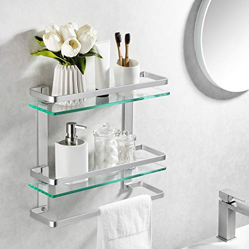 KES Duschablage Glas Duschregal Glasablage für Badezimmer Wandregal Glasregal Dusche Ablage Hängeregal mit Handtuchhalter 2 Regale Aluminium Eloxiert Silber, A4127B von KES