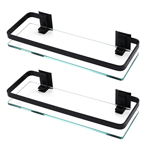 KES Duschablage Glas Duschregal Glasregal 8mm Ablage Bad Glasablage für Badezimmer Regal Wandregal Badregal 2 Stück Wandmontage Matt Schwarz Aluminium, A4126A-BK-P2 von KES