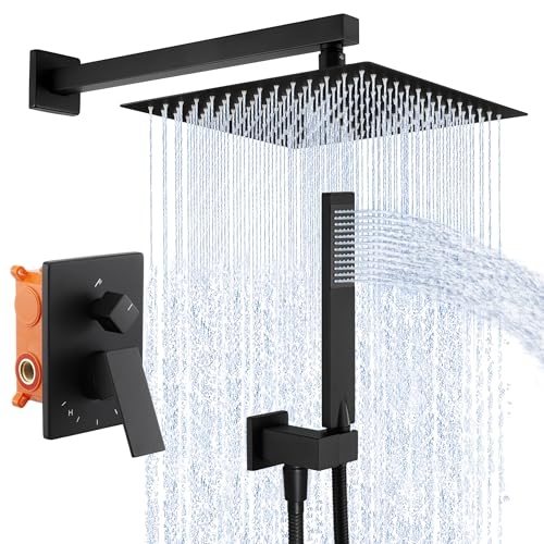 KES Unterputz Duscharmatur Set Schwarz Duschset Duschsystem 12 Zoll Duschkopf Regendusche mit Duschschlauch Handbrause Ventilkörper Hochdruck Dusche Armatur Set Wandmontage, X6230S12-BK KES Unterputz Duscharmatur Set Schwarz Duschset Duschsystem 12 Zoll Duschkopf Regendusche mit Duschschlauch Handbrause Ventilkörper Hochdruck Dusche Armatur Set Wandmontage, X6230S12-BK von KES