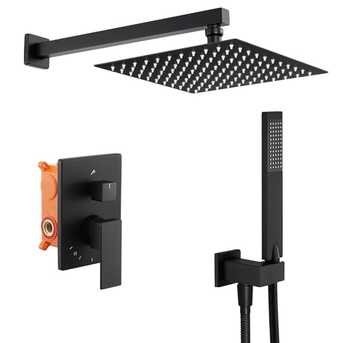 KES Unterputz Duscharmatur Set Duschkopf Regendusche Schwarz 3 Strahlarten mit Handbrause Duschschlauch Duschset 10 Zoll Duschsystem Duschbrause Dusche Anti-Kalk-Düsen, X6230-BK von KES