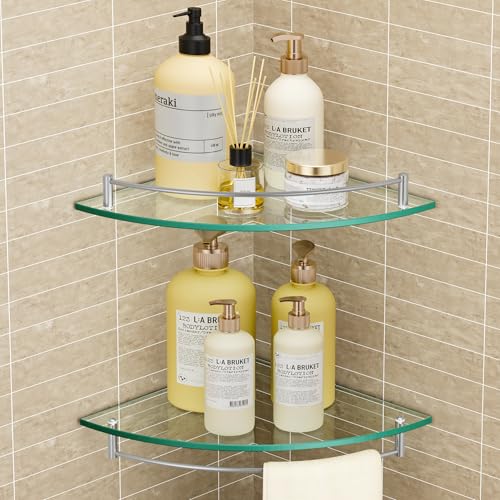 KES Eckregal Glas Duschablage Glasregal Duschregal Glasregal Glasablage für Badezimmer Wandregal Edelstahl SUS304 Badregal Dusche Ablage Bad Gebürstet 2 Stück, BGS2101A-2-P2 von KES