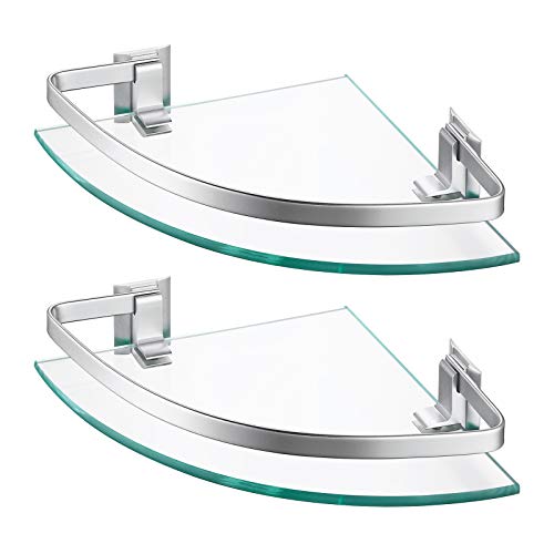 KES Glasregal Eckregal Badregal Glas Duschablage zum Hängen 8mm Badezimmer Wandregal Dusche Glas Ablage Wandmontage Ecke 2 Stück Organizer Aluminium Silber, A4120A-P2 von KES