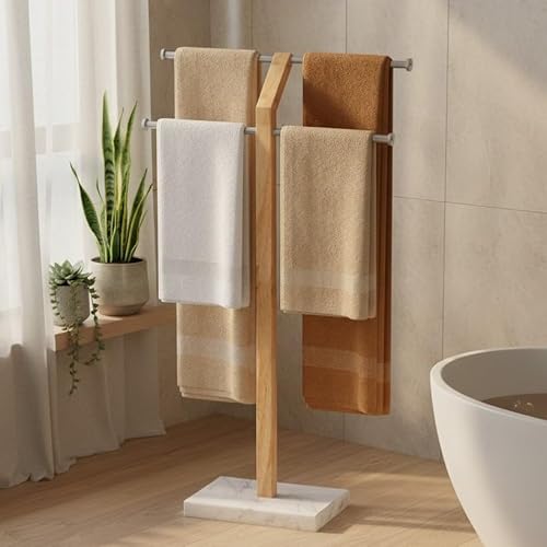 KES Handtuchhalter Freistehend mit Extra Schwerem Naturmarmor Basis 3X Dicker, Breite Verstellbar Handtuchhalter Stehend aus 18/8 Edelstahl & Holz, Handtuchständer, Gebürstet, BTH800-2 von KES