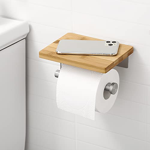 KES Toilettenpapierhalter ohne Bohren mit Bambus-Ablage Klopapierhalter Klorollenhalter WC Papier Halterung Rollenhalter Bad Edelstahl SUS304 gebürstet, BPH220BADM-2 von KES