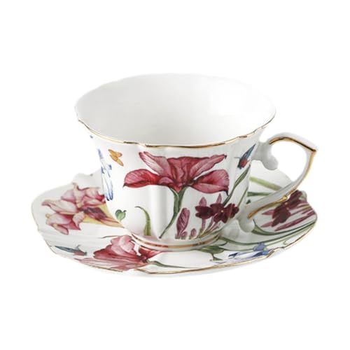 KESOTO Porzellan Tassen Set mit Untertasse Kaffee Becher Tee Tassen mit Floralem Design Stabiles Und Leicht zu Reinigendes Porzellan für Frauen Mutter Heimde, A KESOTO Porzellan Tassen Set mit Untertasse Kaffee Becher Tee Tassen mit Floralem Design Stabiles Und Leicht zu Reinigendes Porzellan für Frauen Mutter Heimde, A von KESOTO