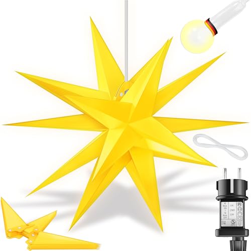 KESSER® 100cm Leuchtstern 3D, LED Weihnachtsstern mit Timer für innen und außen, Adventsstern Beleuchtet hängend Gelb Stern + Warmweiß Licht von KESSER