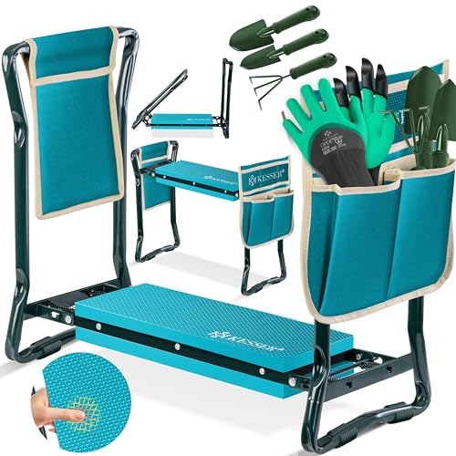 KESSER® 2 in 1 XXL Kniebank für Gartenarbeit Gepolstert Sitzunterlage Eva-Schaumkissen Gartenhocker Klappbar | 2X Werkzeugtasche Handschuhe Gartenkelle & Rechen | Gartenbank 60x50x27cm bis 150 kg von KESSER