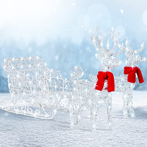 KESSER® 240er LED Rentiere mit Schlitten weiß Timer Inkl. 2X Dekoschal Weihnachtsbeleuchtung für außen und innen Weihnachtsfigur Weihnachtsdekoration mit Dauerbeleuchtung und blinkende von KESSER