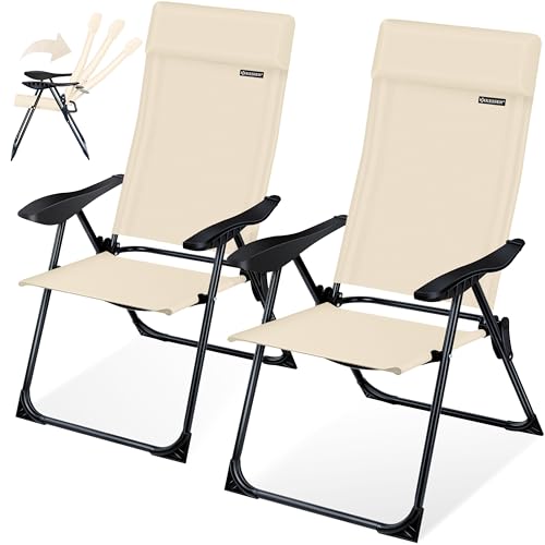 KESSER® 2er Set Gartenstuhl Hochlehner Alu Klappstuhl 7-Fach Verstellbar mit Armlehnen Atmungsaktiv klappbar Campingstuhl Balkonstuhl Klappsessel Garten Terrasse, Beige von KESSER