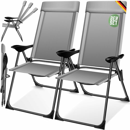 KESSER® 2er Set Gartenstuhl Hochlehner Alu Klappstuhl 7-Fach Verstellbar mit Armlehnen Atmungsaktiv klappbar Campingstuhl Balkonstuhl Klappsessel Garten Terrasse, Grau von KESSER