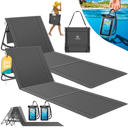 KESSER® 2er Set Strandmatte klappbar mit Verstellbarer Rückenlehne, Tragegurt, wasserdichter Tasche & Aufbewahrung – Faltbare Sonnenliege für Strand, Garten & Terrasse je 130 kg belastbar von KESSER