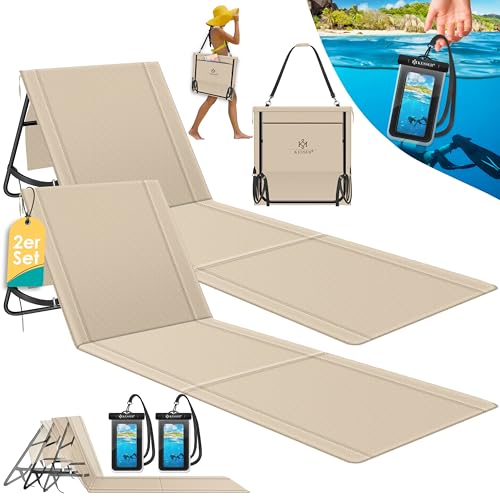 KESSER® 2er Set Strandmatte klappbar mit Verstellbarer Rückenlehne, Tragegurt, wasserdichter Tasche & Aufbewahrung – Faltbare Sonnenliege für Strand, Garten & Terrasse je 130 kg belastbar von KESSER