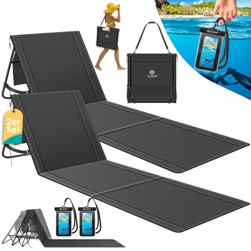 KESSER® 2er Set Strandmatte klappbar mit Verstellbarer Rückenlehne, Tragegurt, wasserdichter Tasche & Aufbewahrung – Faltbare Sonnenliege für Strand, Garten & Terrasse je 130 kg belastbar von KESSER