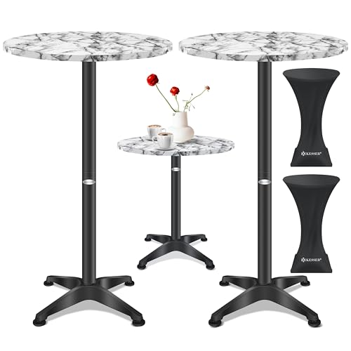 KESSER® 2in1 Stehtisch Bistrotisch 2er Set | Aluminium Edelstahlplatte | höhenverstellbar 70cm / 115cm | Partytisch Tisch Ø 60cm | Rund | In- & Outdoor | Empfangstisch | Inkl. Husse | Marmor von KESSER